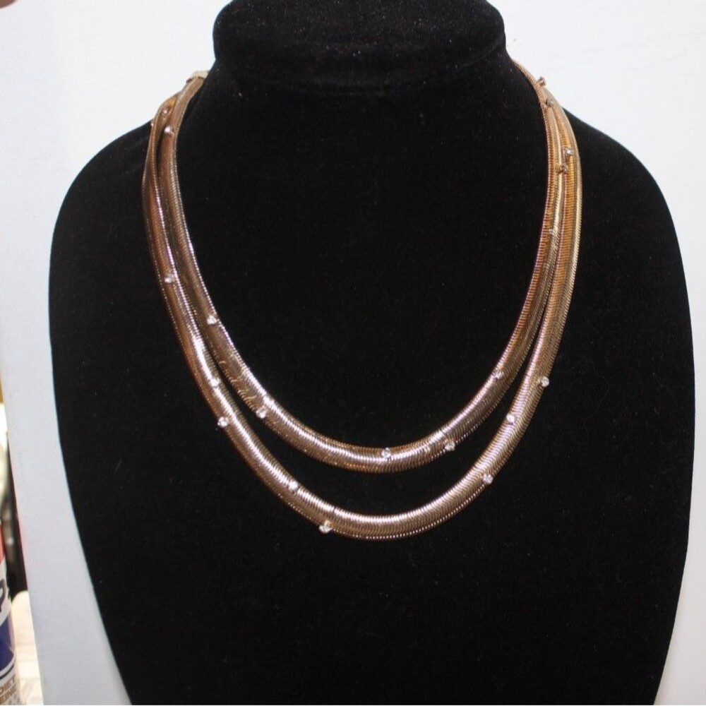 Vtg Gaziano Signed Gold Tone Flat Serpentine Chain wth Rhinestones Necklace 40"